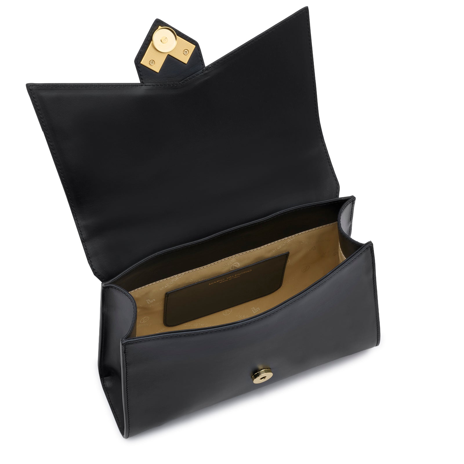 Internal view of the Mario Valentino black bag showing the logoed nylon lining and inner organizational pocket.