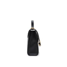 Side view of Mario Valentino black calf leather bag with flap closure and structured silhouette