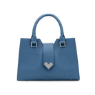 Front view of the Mario Valentino sky blue calfskin handbag with silver-tone V-logo and top handles.