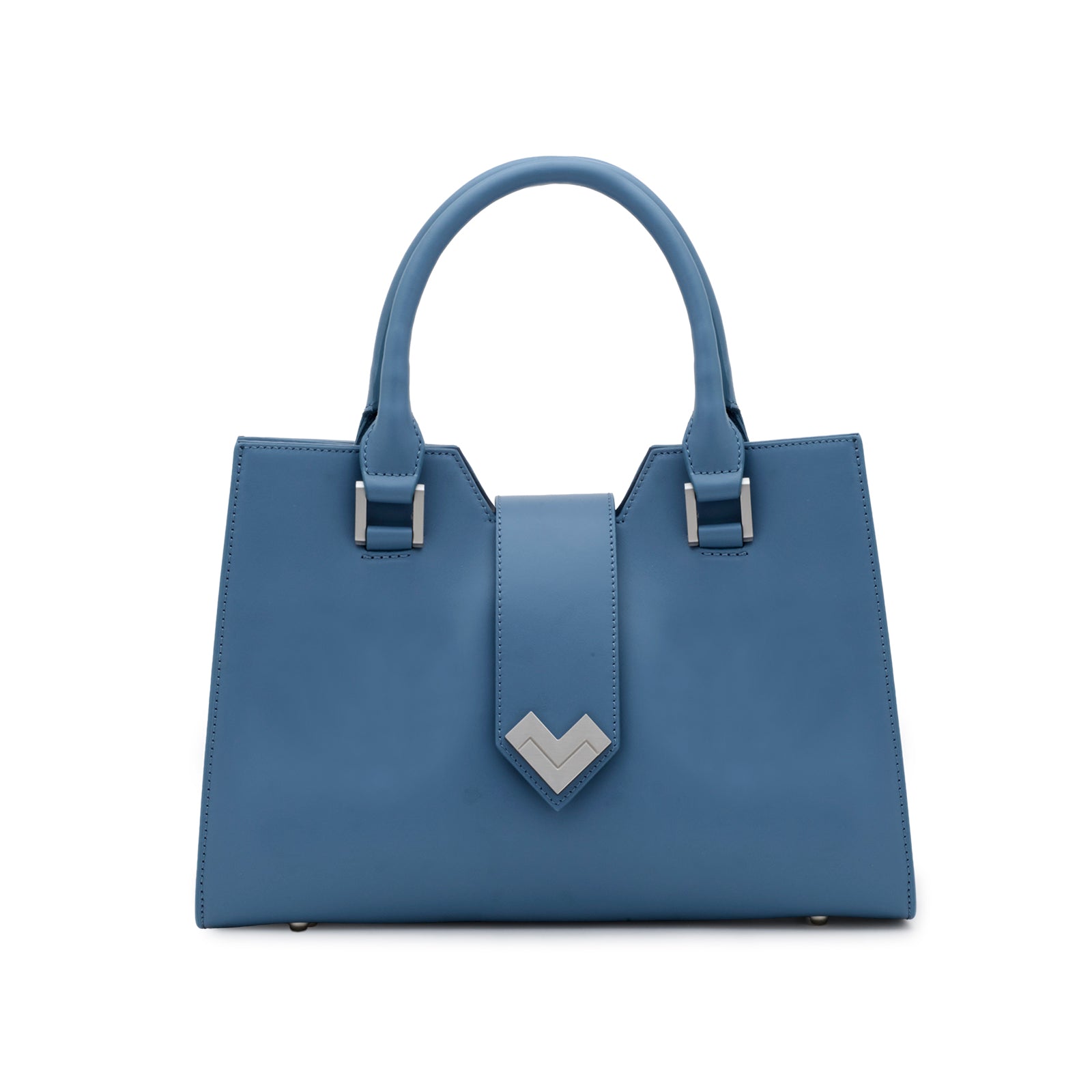 Front view of the Mario Valentino sky blue calfskin handbag with silver-tone V-logo and top handles.
