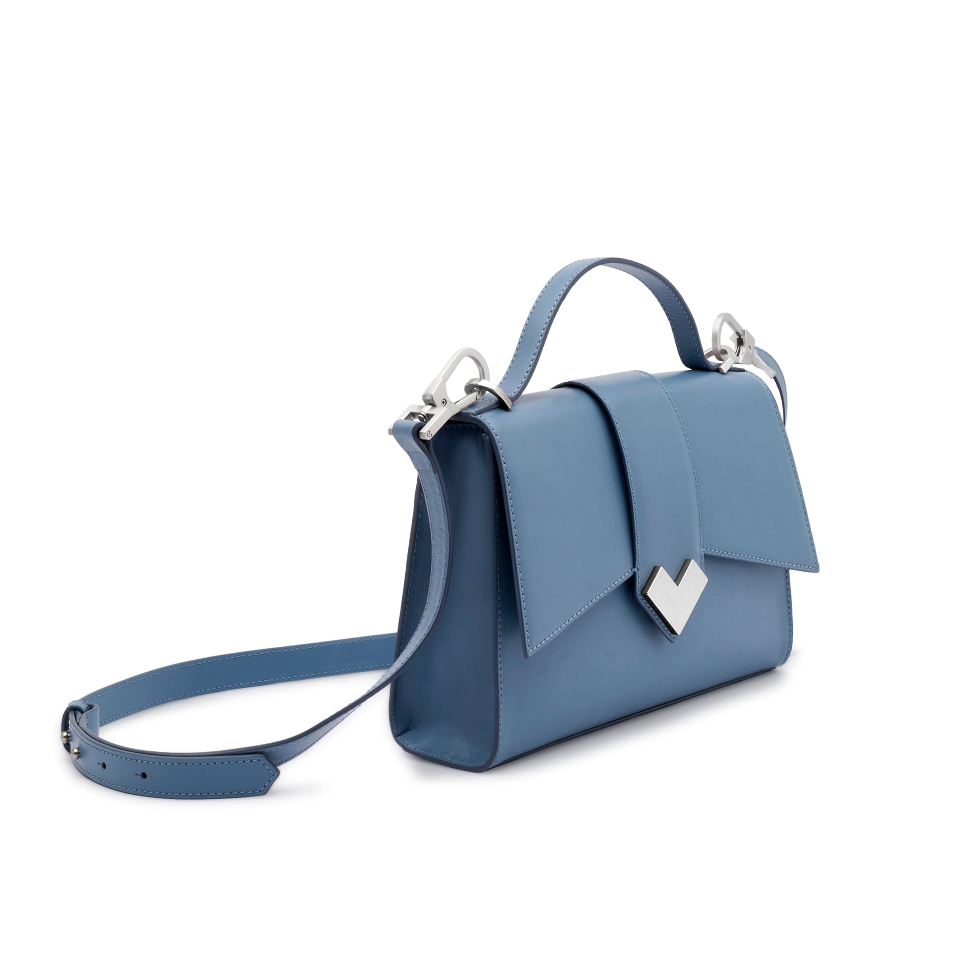 Mario Valentino light blue leather top handle bag with structured shape, top handle and adjustable shoulder strap