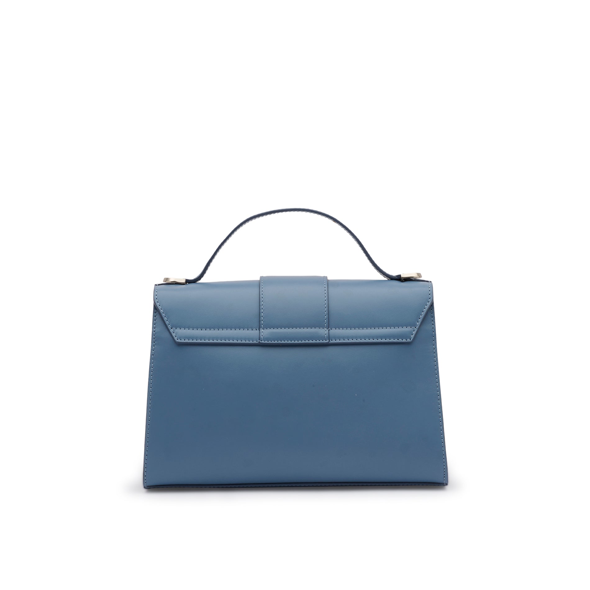 Back view of Mario Valentino light blue leather top handle bag with clean structured design