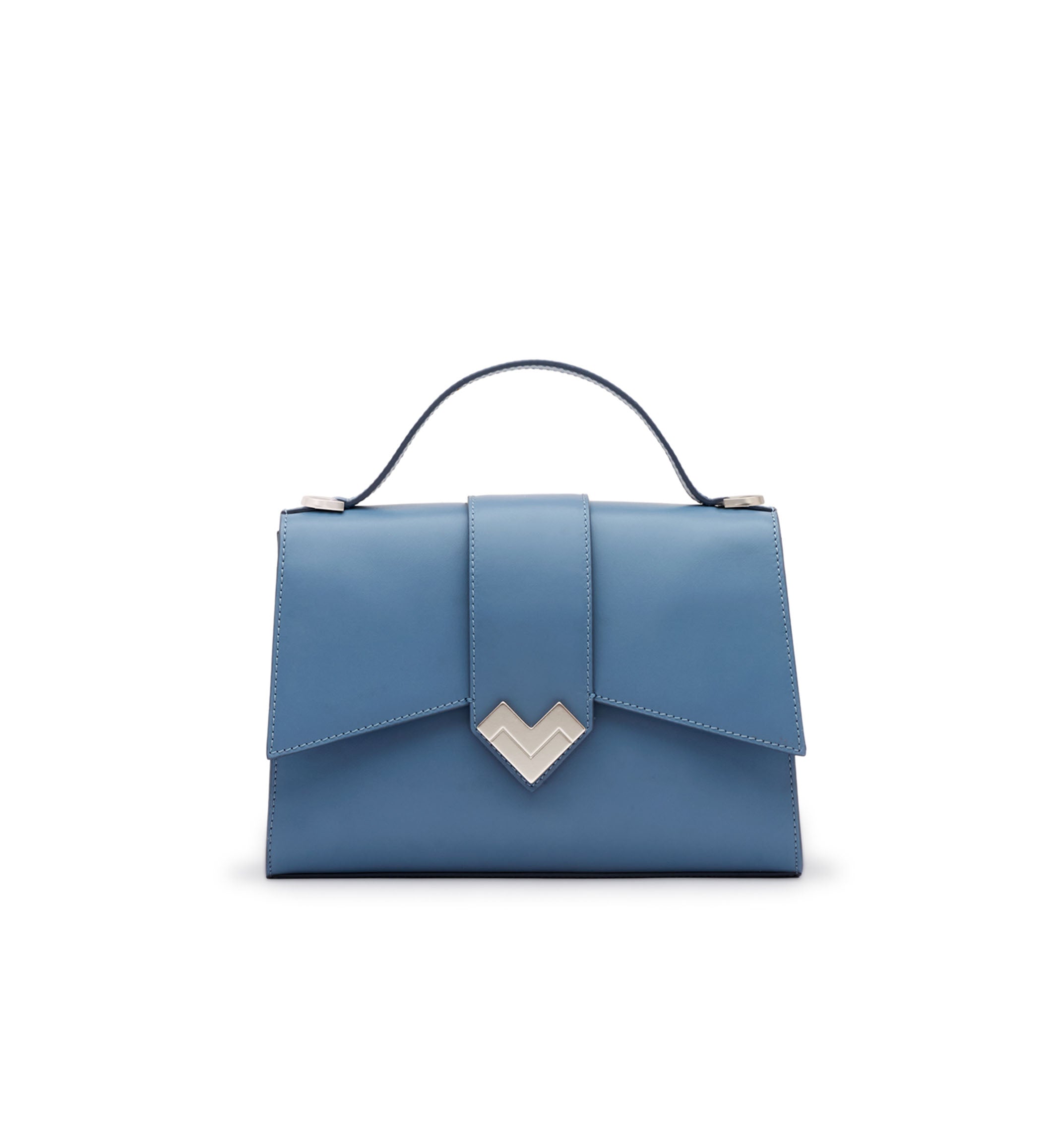Mario Valentino top-handle bag in light blue smooth calf leather with silver-finish MV logo and adjustable strap.