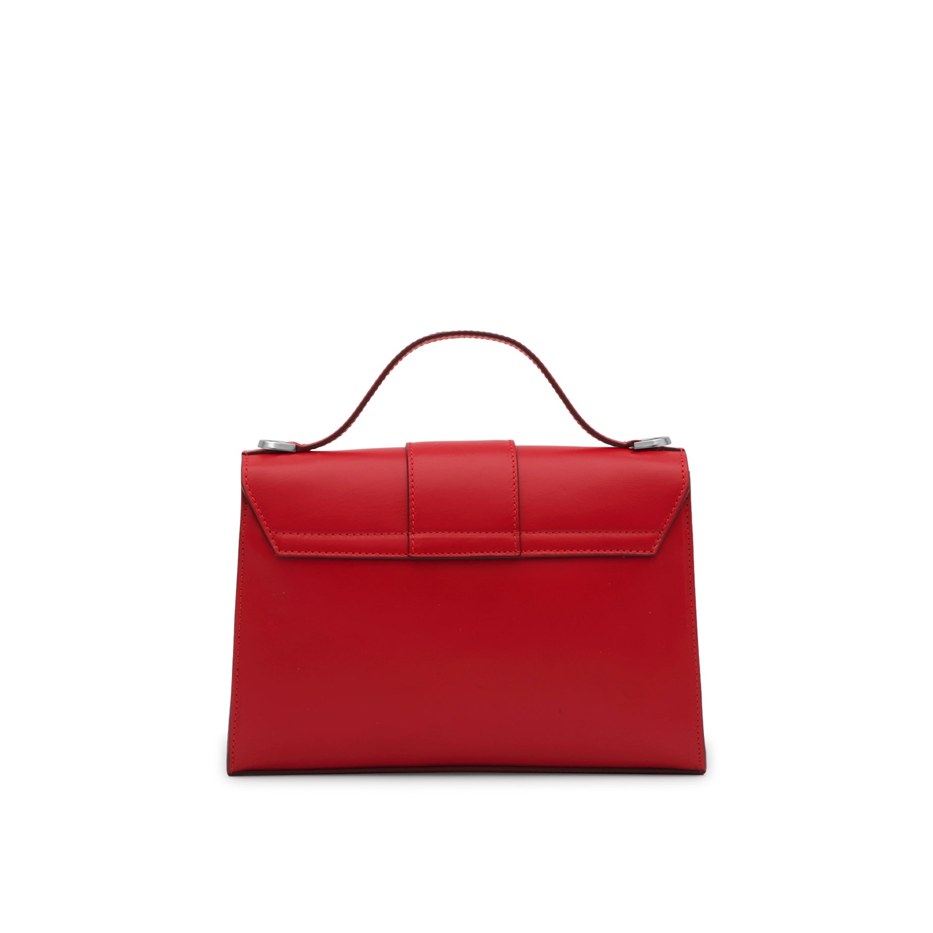 Back view of Mario Valentino red calf leather top handle bag with clean structured design