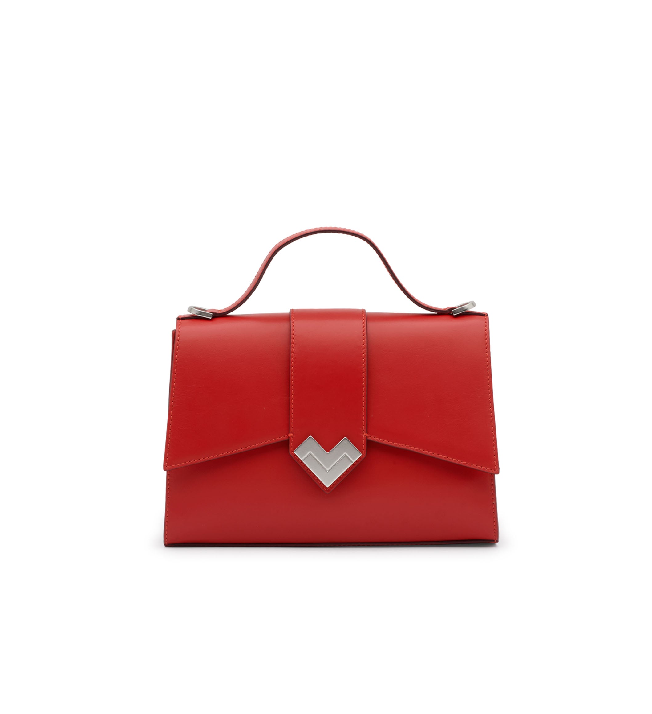 Mario Valentino red top handle bag in smooth calf leather with silver-tone MV logo and structured silhouette