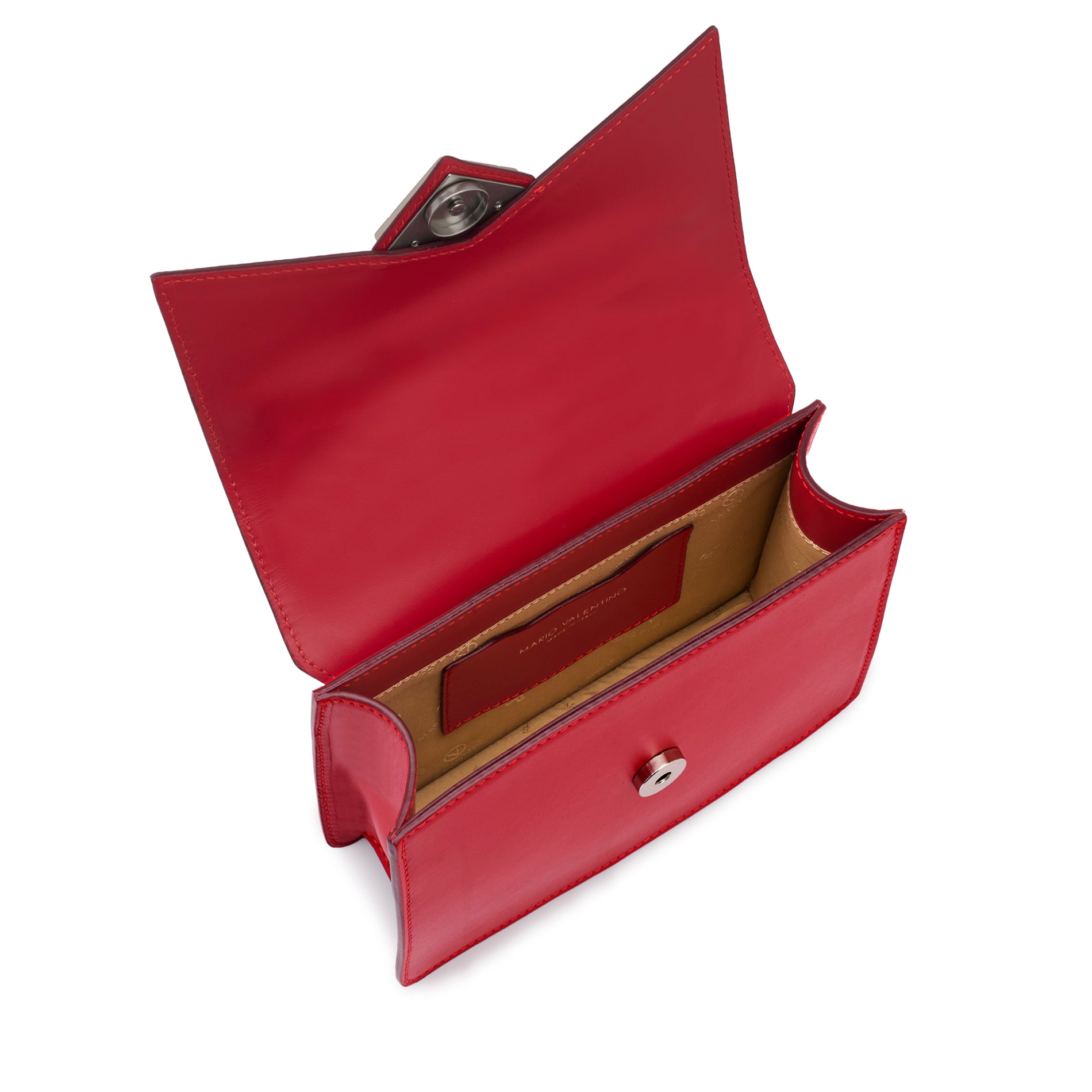 Interior of Mario Valentino red calf leather top handle bag with logoed nylon lining and inner pocket