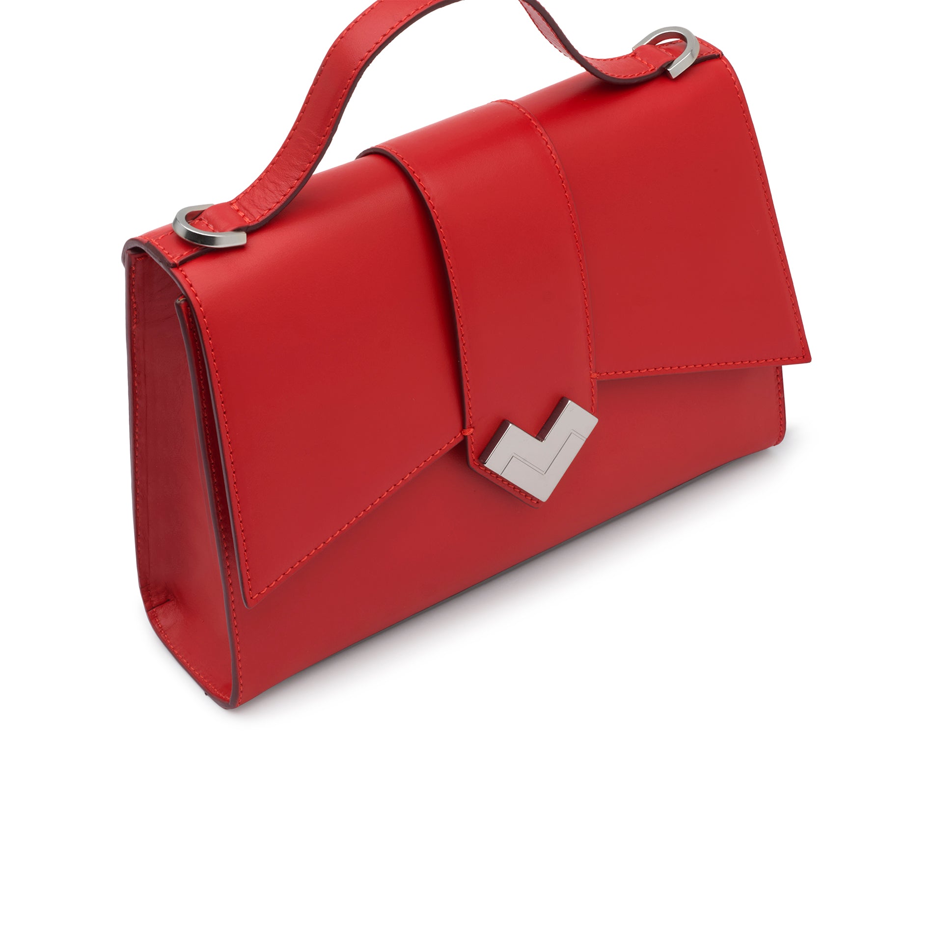 Mario Valentino red calf leather top handle bag with silver-tone MV logo hardware. Made in Italy.