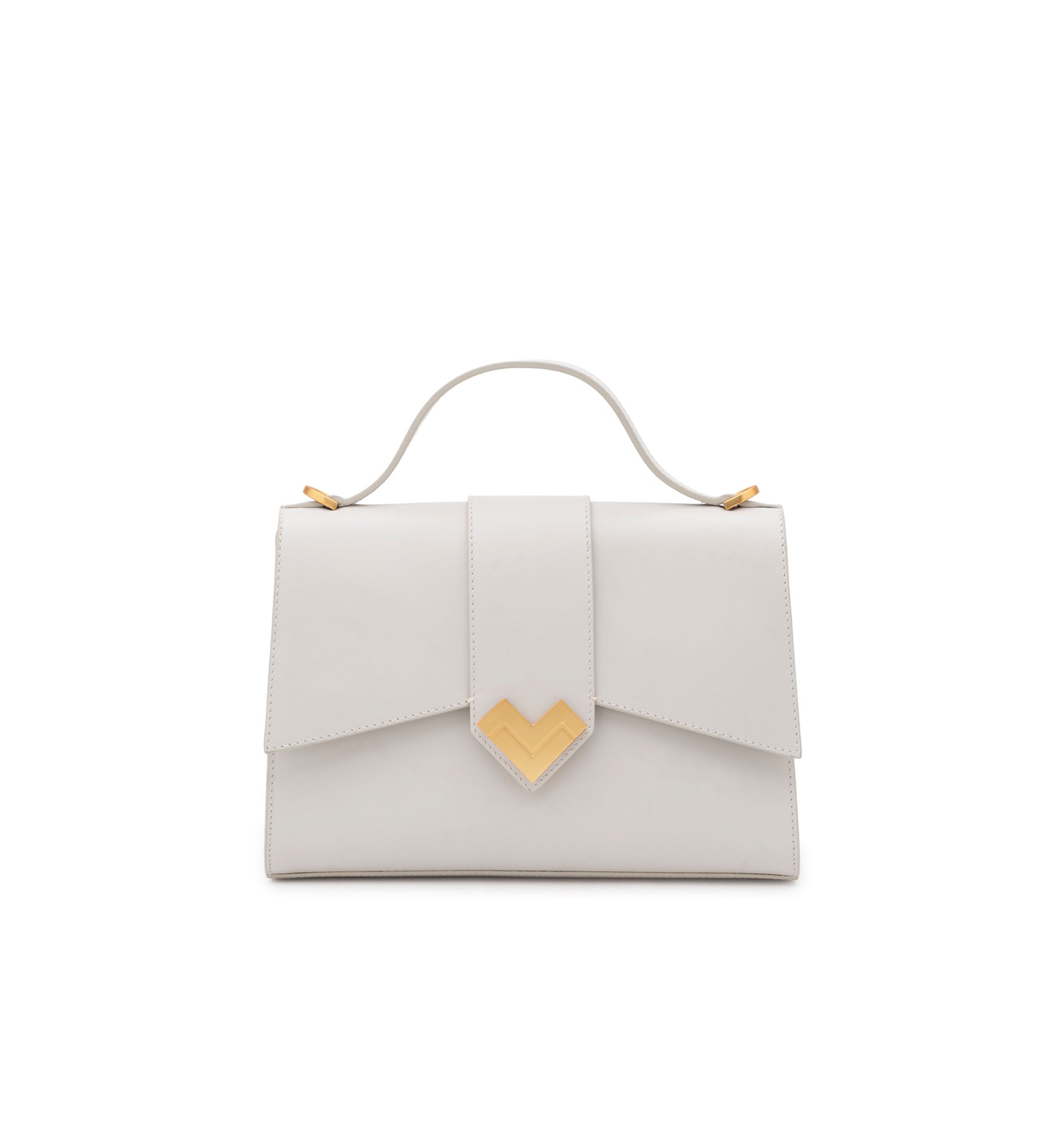 Mario Valentino white mini top handle bag in smooth calf leather with gold-tone MV logo and structured silhouette