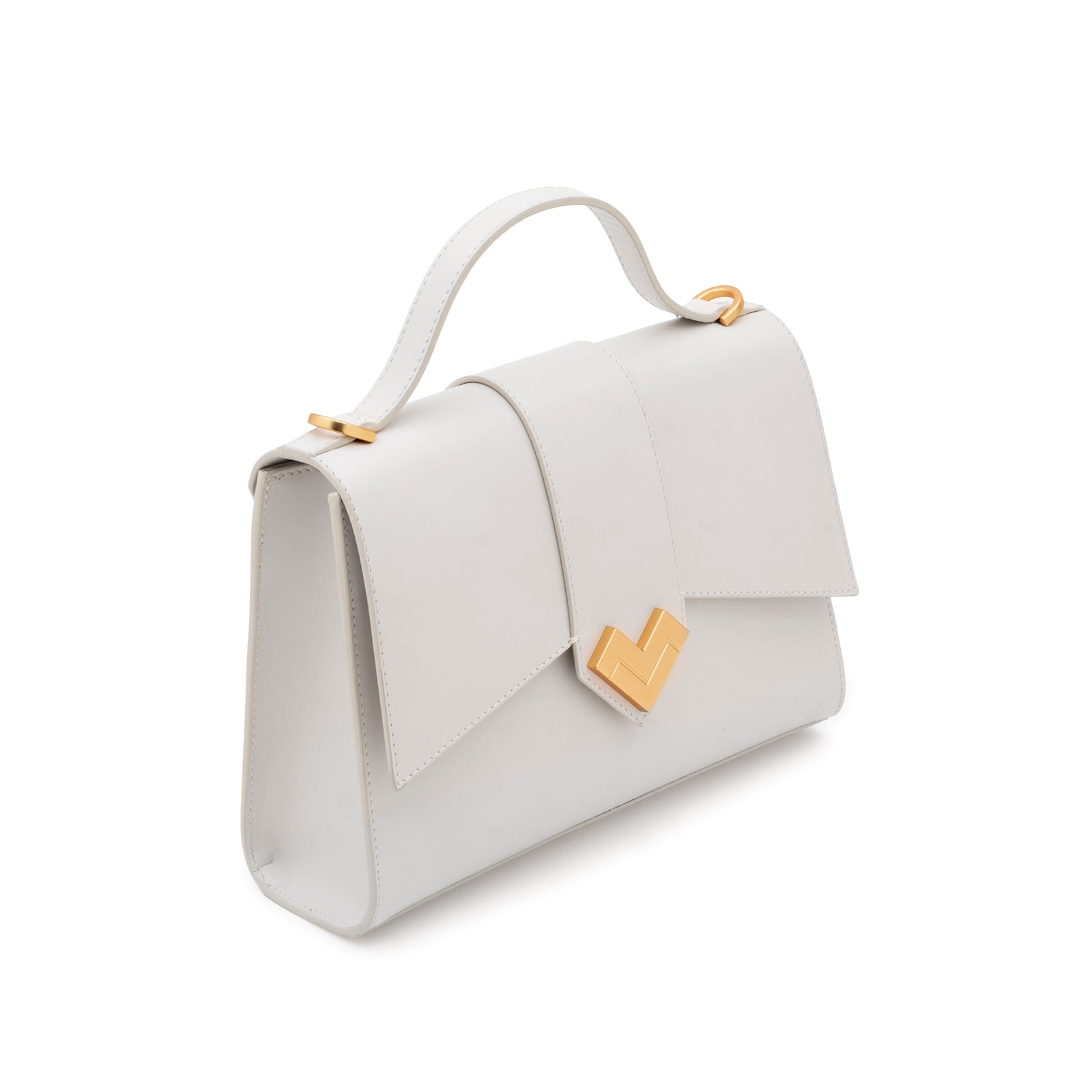 Mario Valentino top-handle bag in white smooth calf leather with gold-finish MV logo and adjustable shoulder strap.