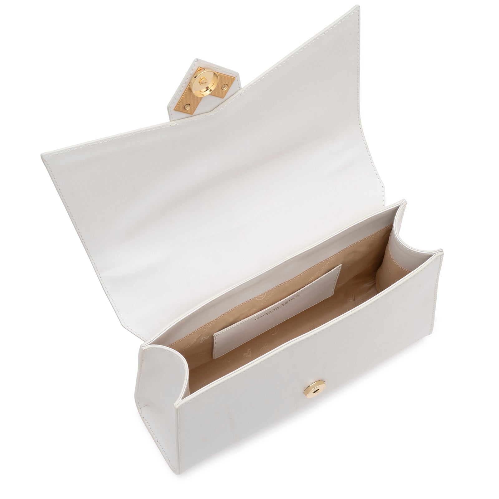 Internal view of the Mario Valentino white bag showing the logoed nylon lining and inner organizational pocket