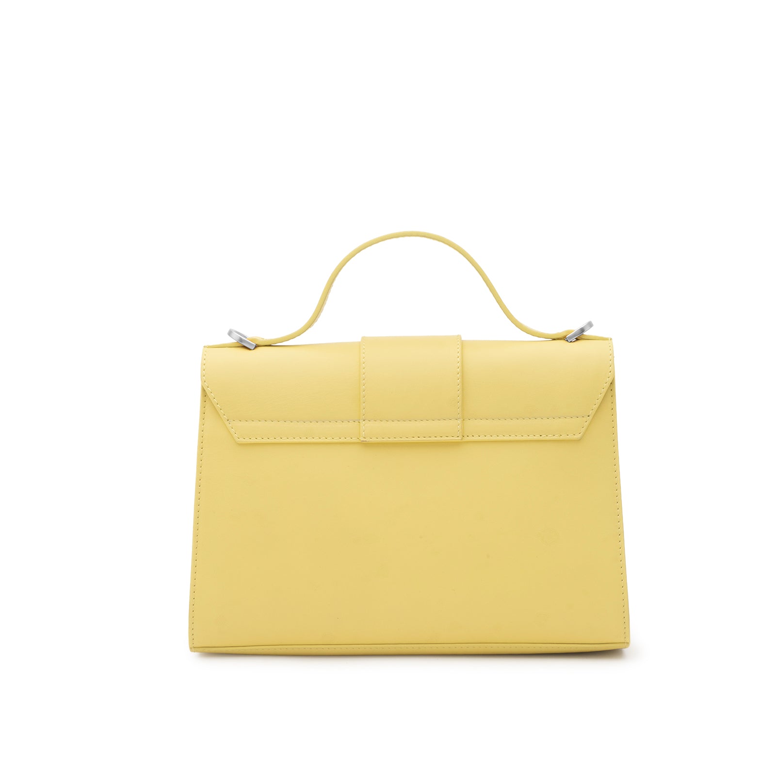Rear view of the Mario Valentino yellow leather top-handle bag showing the clean back panel and tonal stitching details.