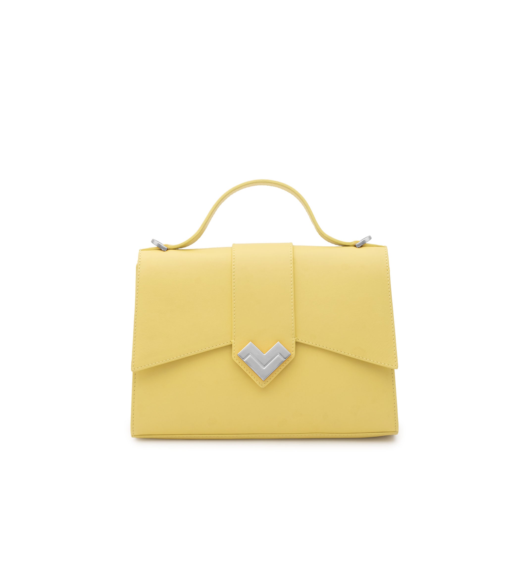 Mario Valentino top-handle bag in yellow smooth calf leather featuring a silver-finish MV logo and adjustable shoulder strap.