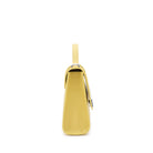 Side profile of the Mario Valentino yellow leather bag highlighting the gusset construction and silver-tone strap attachments