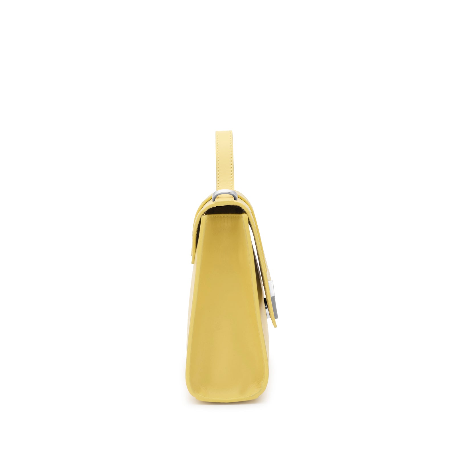 Side profile of the Mario Valentino yellow leather bag highlighting the gusset construction and silver-tone strap attachments