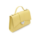 Mario Valentino yellow calf leather top handle bag with silver-tone MV logo hardware. Made in Italy.