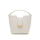 Mario Valentino white calfskin bucket bag with mono top handle and gold-tone MV-logo, front view
