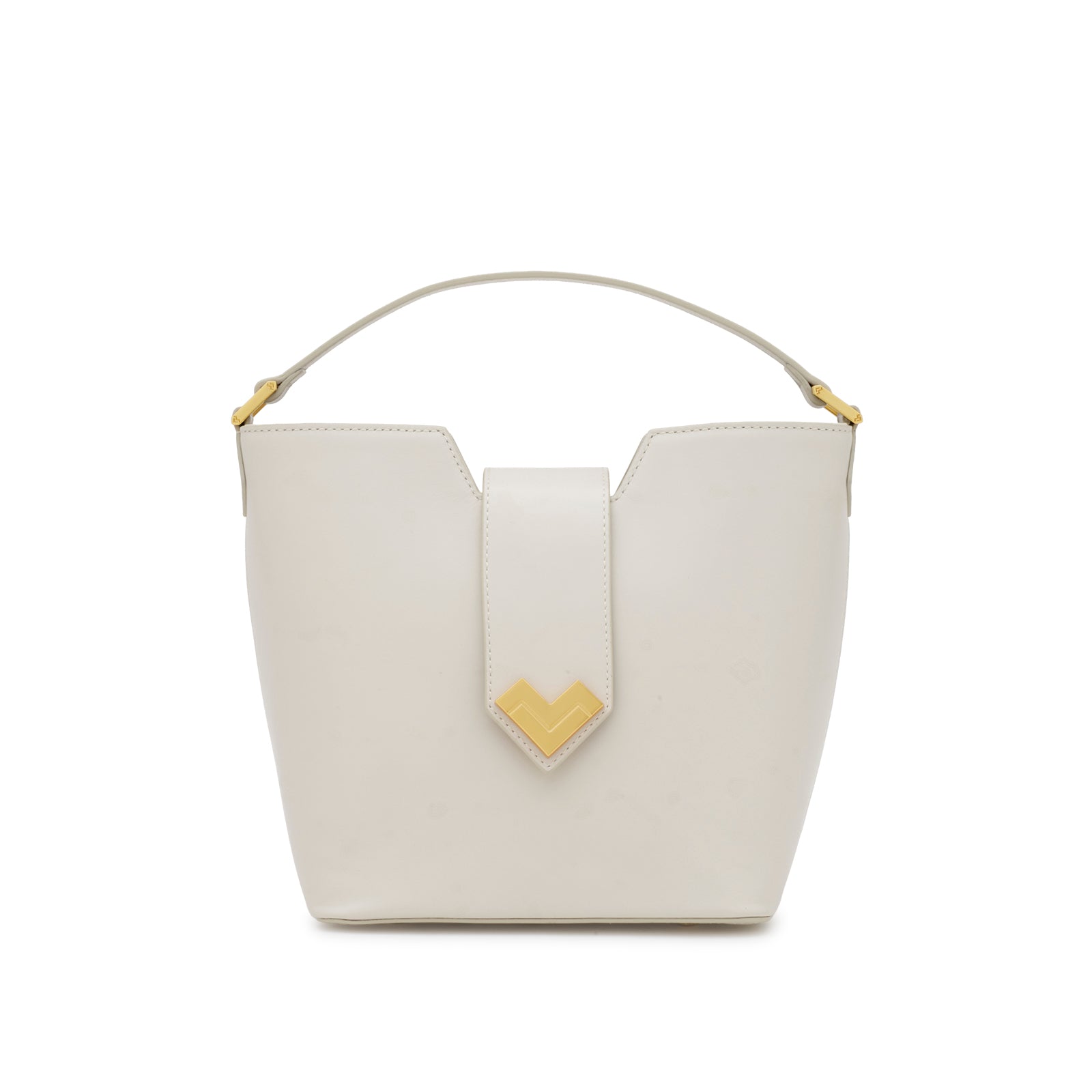 Mario Valentino white calfskin bucket bag with mono top handle and gold-tone MV-logo, front view