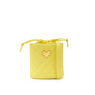 Yellow quilted leather crossbody bucket bag with adjustable crossbody strap, gold logo and leather drawstring closure. Made in Italy