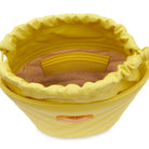 Yellow calf leather crossbody bucket bag interior with drawstring closure, logo lining and card slots. Made in Italy