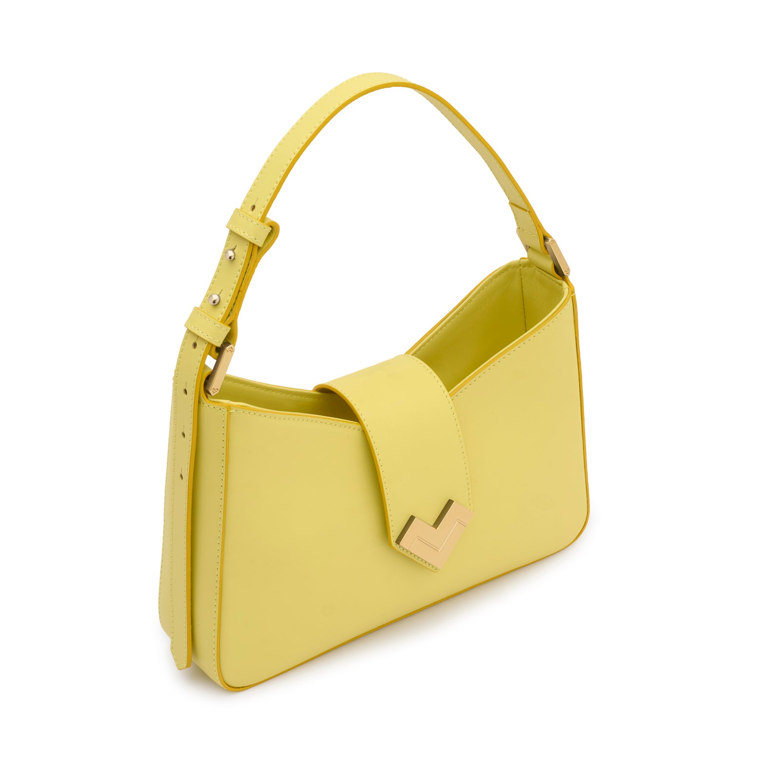 Detail of Mario Valentino yellow leather shoulder bag featuring gold V logo closure and smooth calf leather finish. Made in Italy