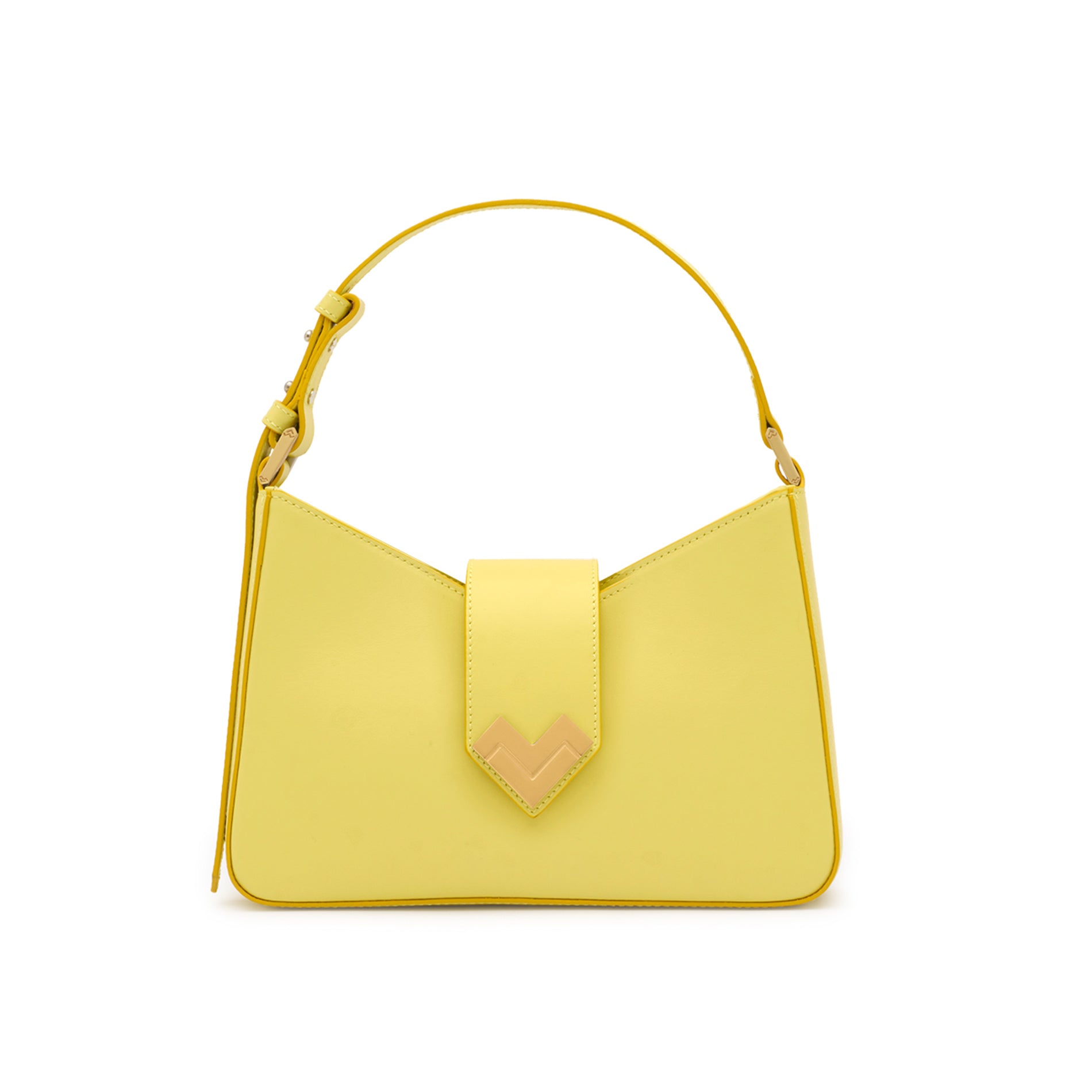 Mario Valentino yellow calf leather shoulder bag with gold MV logo closure, structured silhouette and adjustable strap, front view. Made in Italy