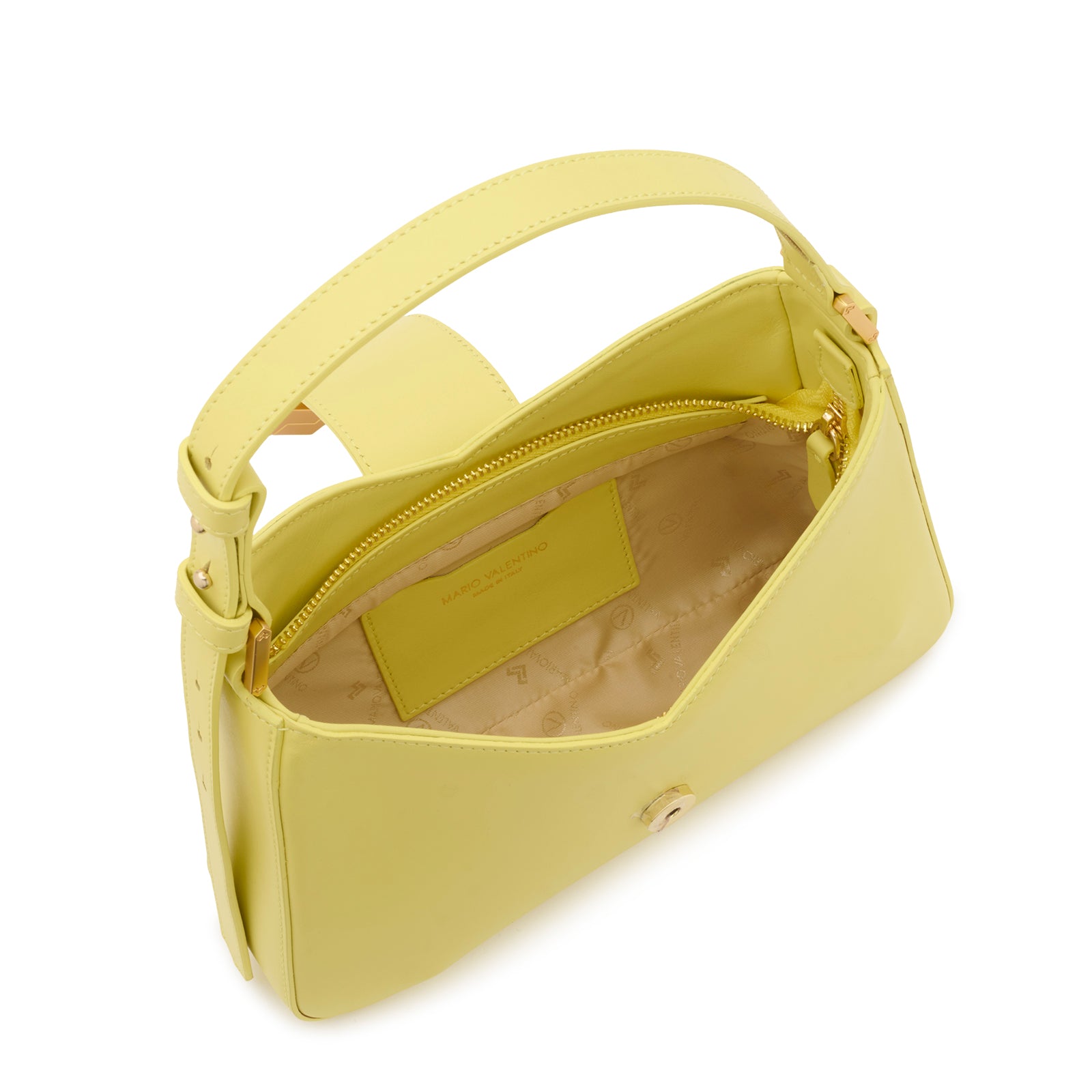 Interior of Mario Valentino yellow calf leather shoulder bag with logoed nylon lining, inner pocket and zip closure. Made in Italy