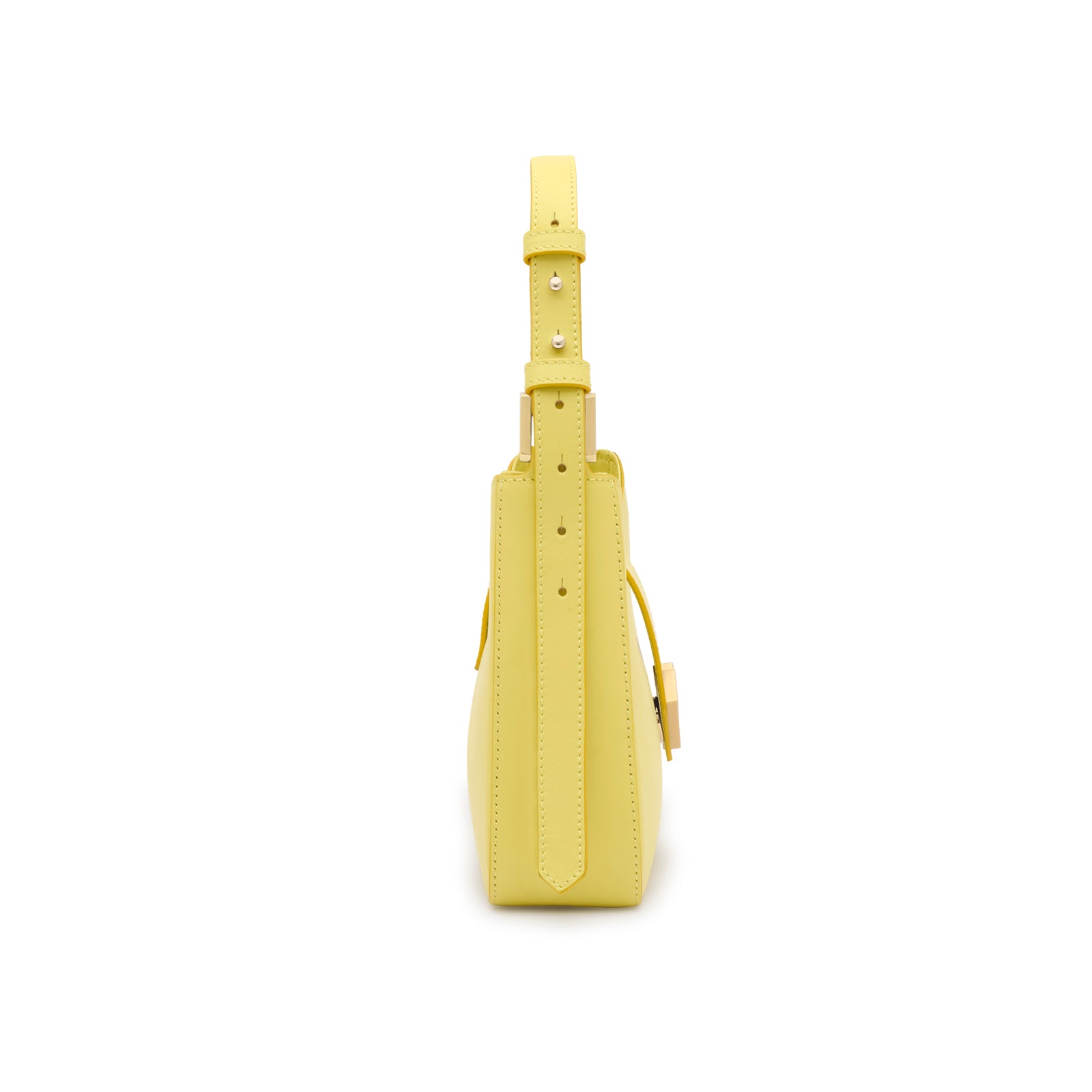 Profile view of Mario Valentino yellow calf leather shoulder bag with adjustable shoulder strap and gold MV logo detail