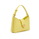 Side view of Mario Valentino yellow leather shoulder bag with adjustable strap and gold MV logo, compact elegant design. Made in Italy